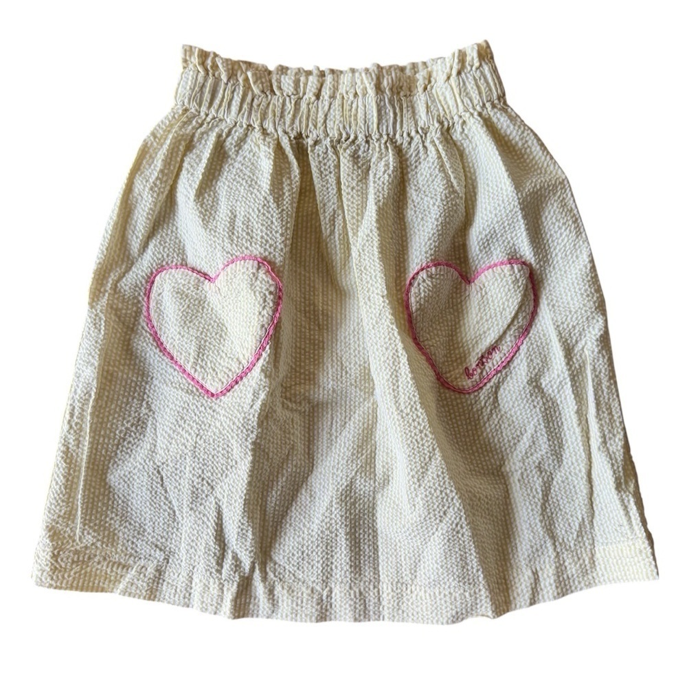 Bonton Girls 12 Skirt Yellow Seersucker Pink Heart Pockets Elastic Stretch Waist
